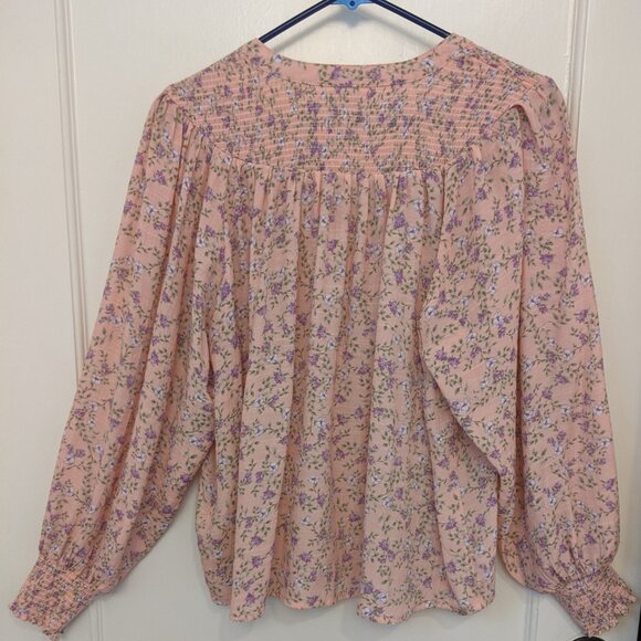 Vintage Nanette Lepore Pink Floral Womens Blouse Large Smocked Tassel Boho Y2K - Picture 4 of 10